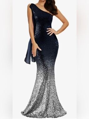 LUXEDO Ombre Sequin Mermaid Gown Navy Silver One Shoulder Formal Dress XS